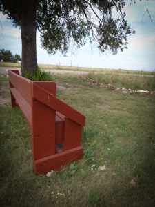 Red Bench, Sky, Grass, Tree