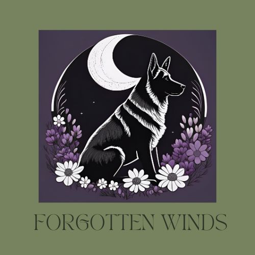 Illustrated image of a German shepherd surrounded by flowers with a crescent moon with the words Forgotten Winds underneath