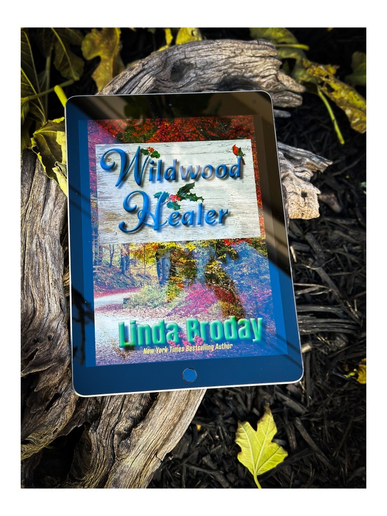 The book cover of Wildwood Healer by Linda Broday sitting on an old mesquite log. 